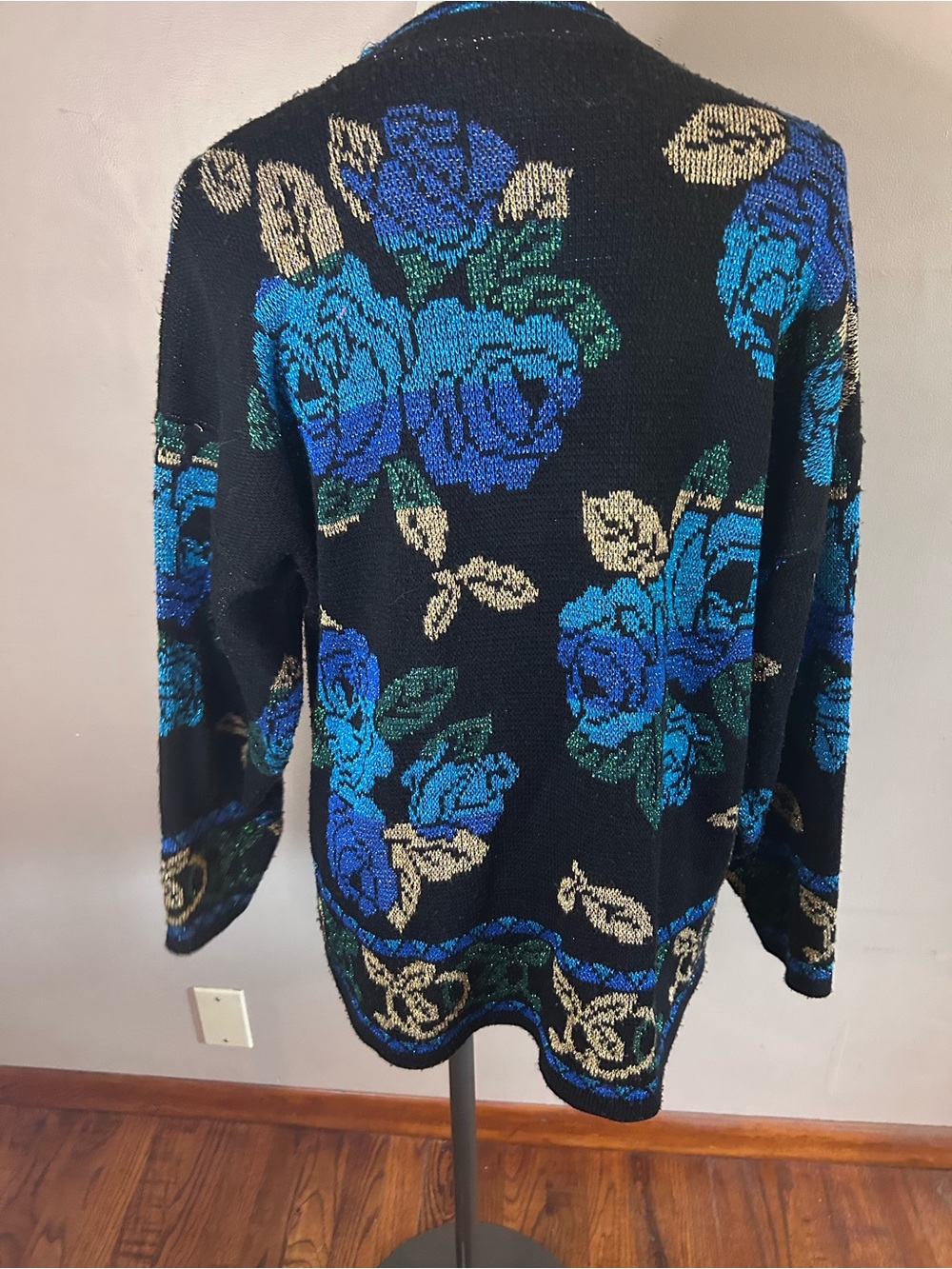 Vintage Black Sweater with Blue & Green Rose Motif - Picture 5 of 7